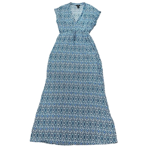 H&M Long Maxi Dress Women’s Size 6 Blue White Adjustable Waist Tie V Neck - Picture 1 of 7
